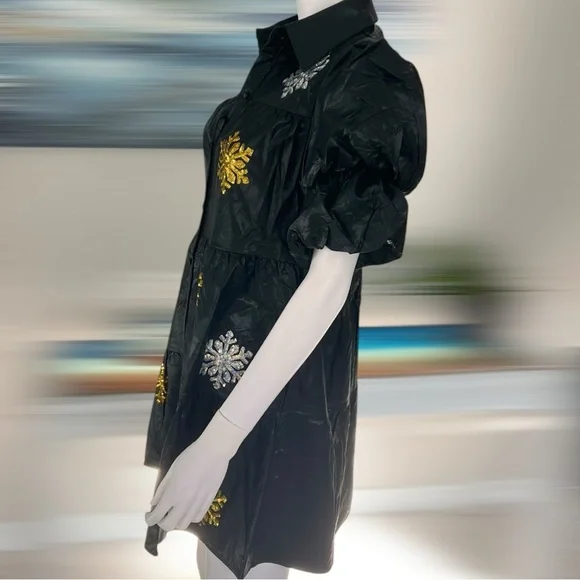 PEACH LOVE CALIFORNIA pleather black sequin snowflake holiday mini dress S M L - Picture 8 of 13